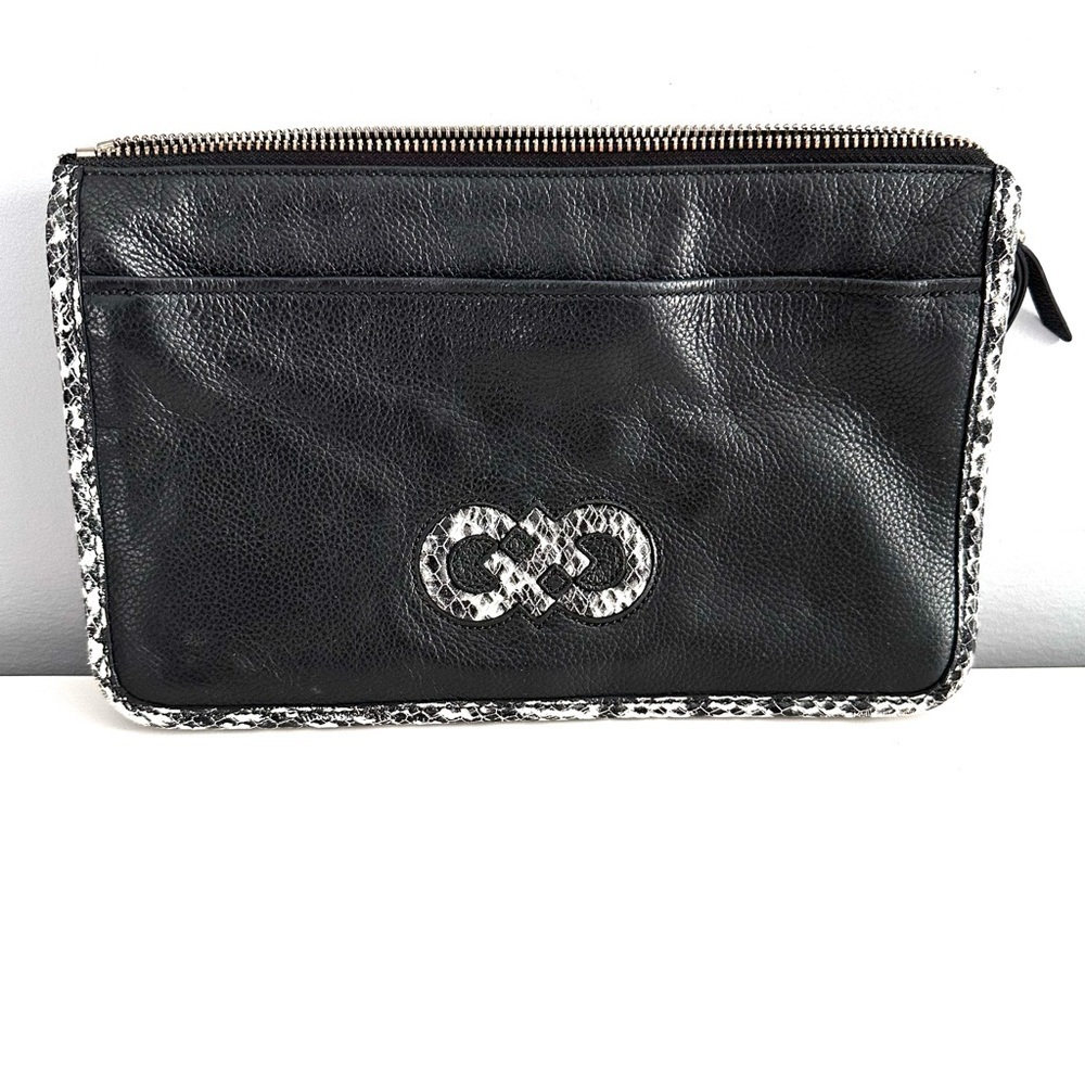 Cole Haan Clutch Black Leather / snake skin print trim & logo